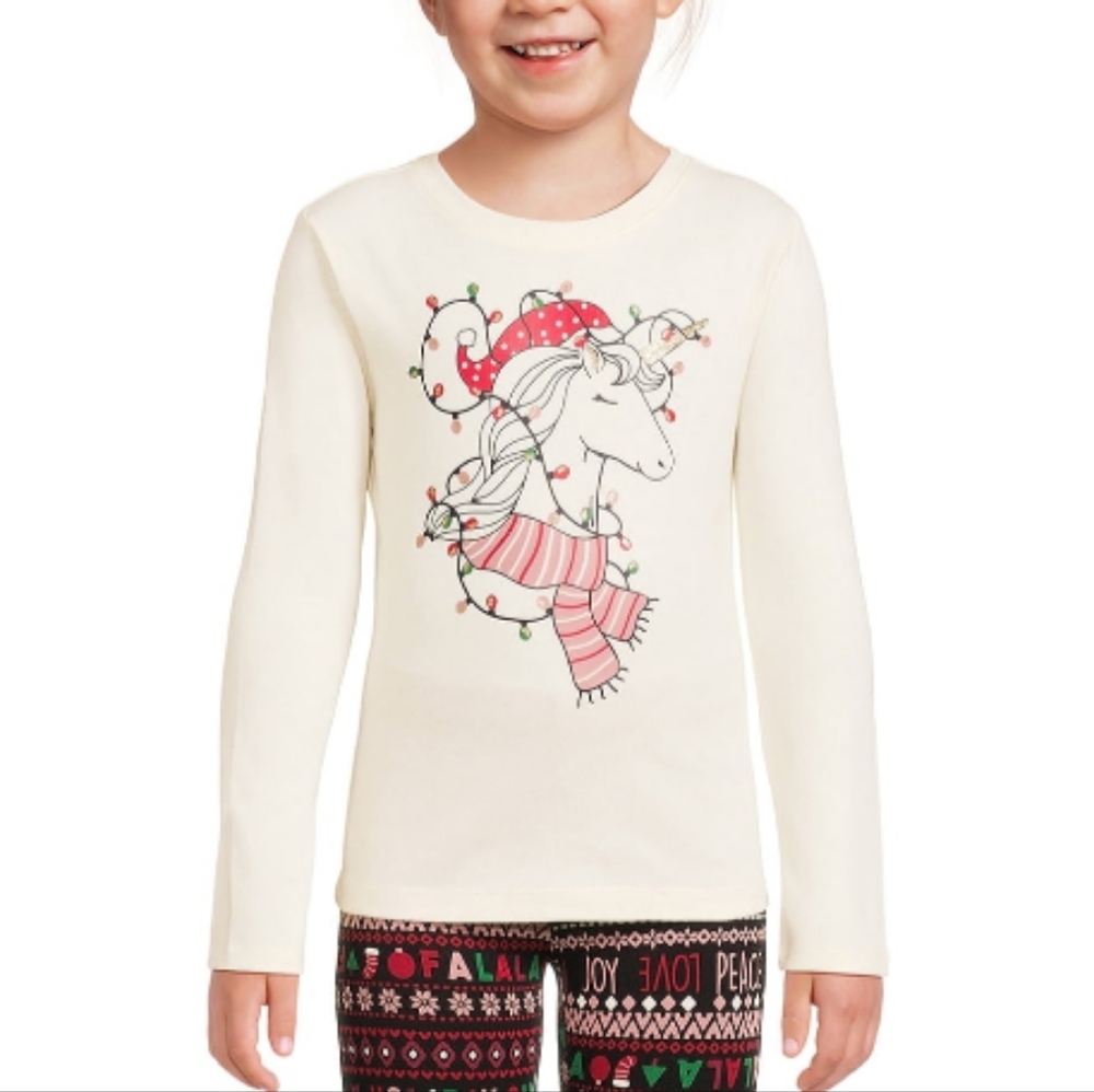 Girl’s Size XXL (18) Long Sleeve Graphic T-Shirt Unicorn Christmas Lights Beige